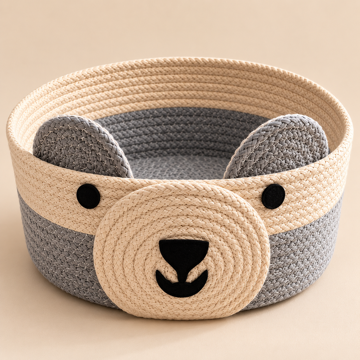 Handmade bear woven storage basket on light beige studio background