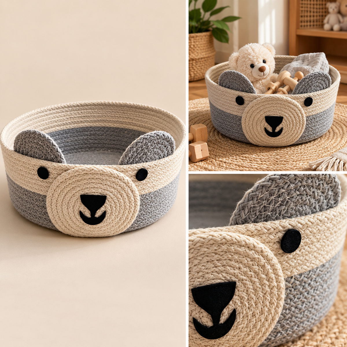Handmade bear face woven basket square product image