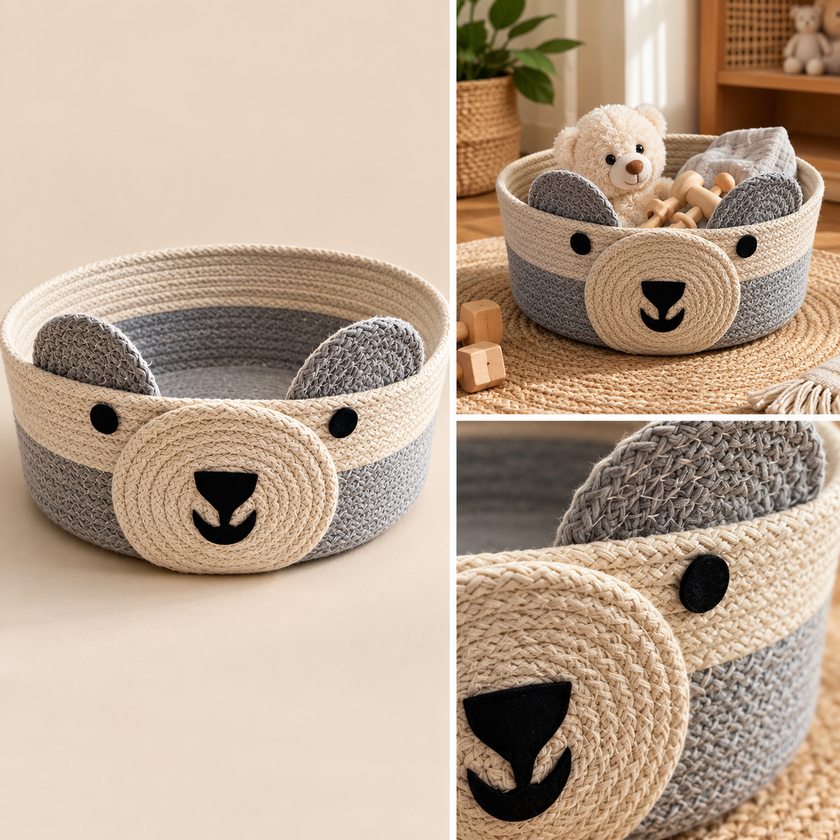 Handmade bear face woven basket square product image