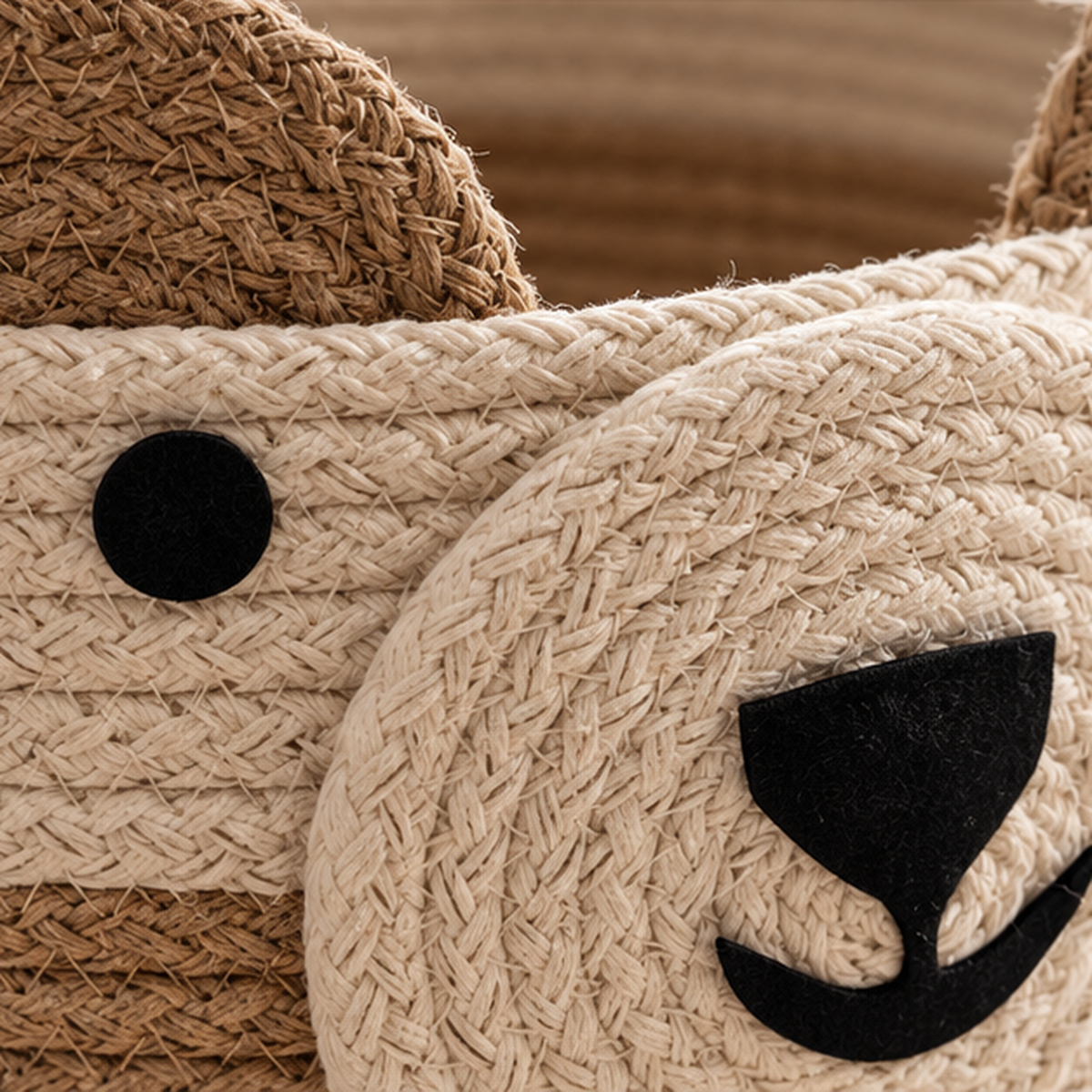 Handmade Bear Woven Storage Basket Beige close-up