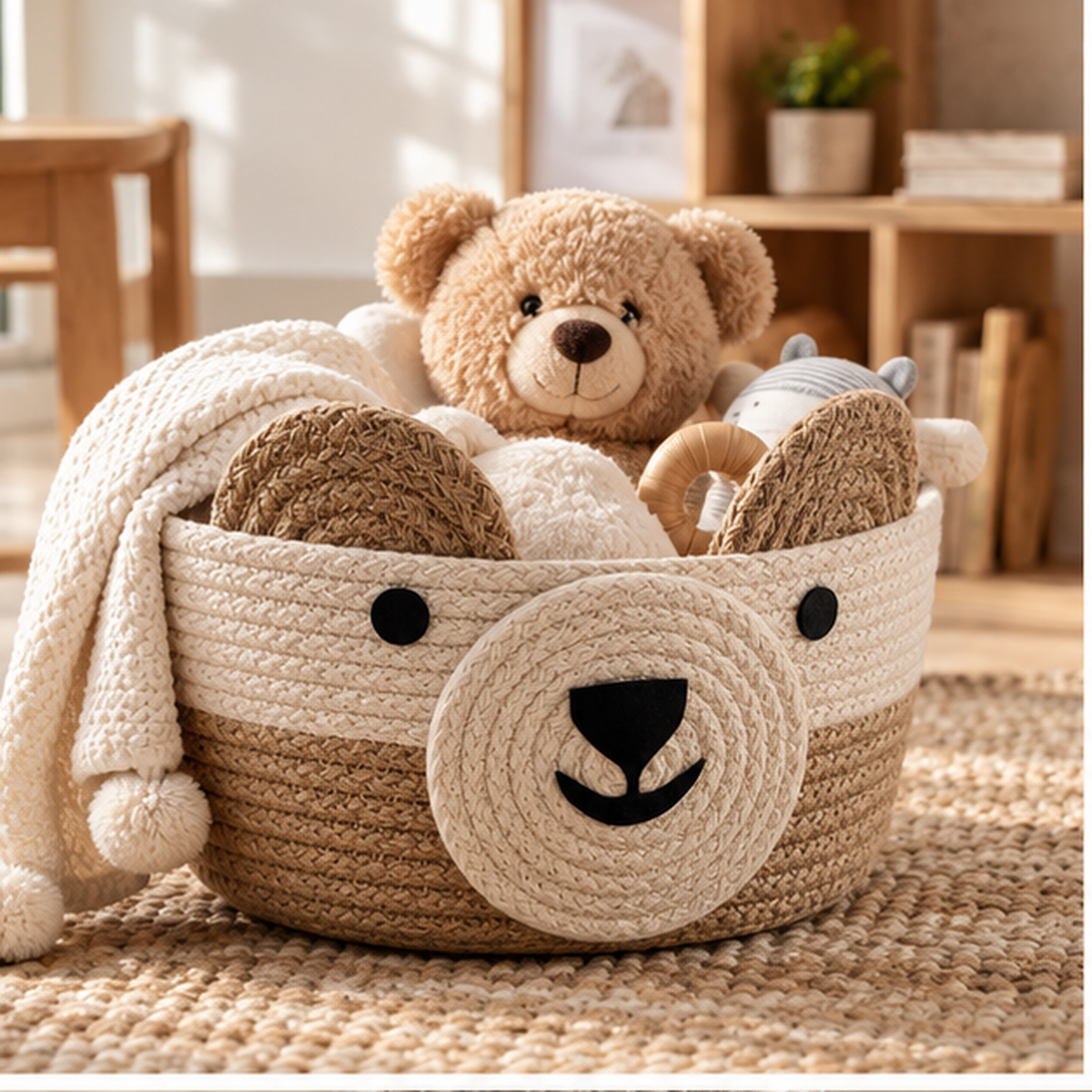 Handmade Bear Woven Storage Basket Beige lifestyle