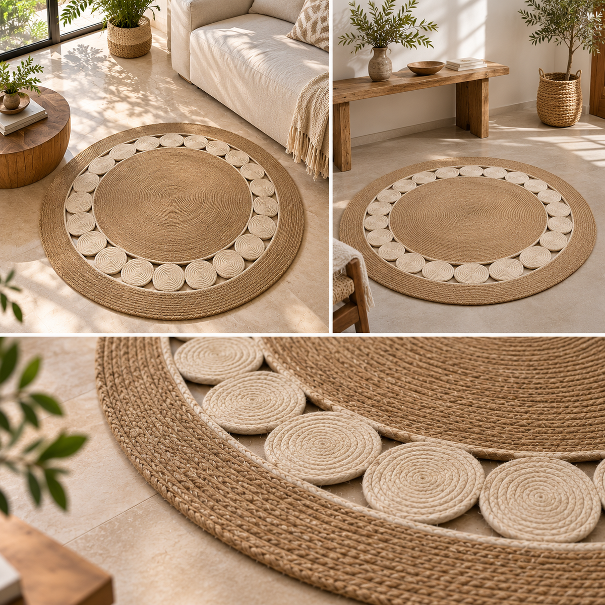 Handmade round rug lifestyle and close-up details