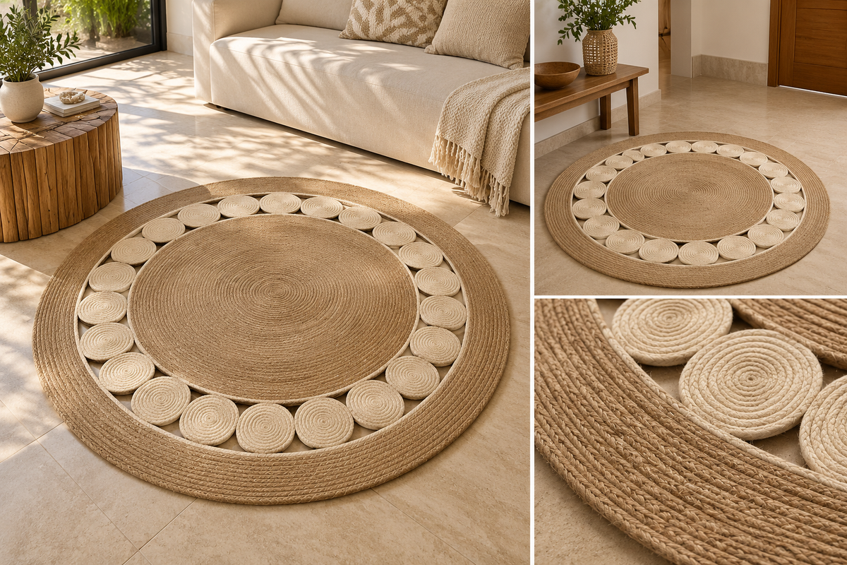 Handmade round rug lifestyle and detail views