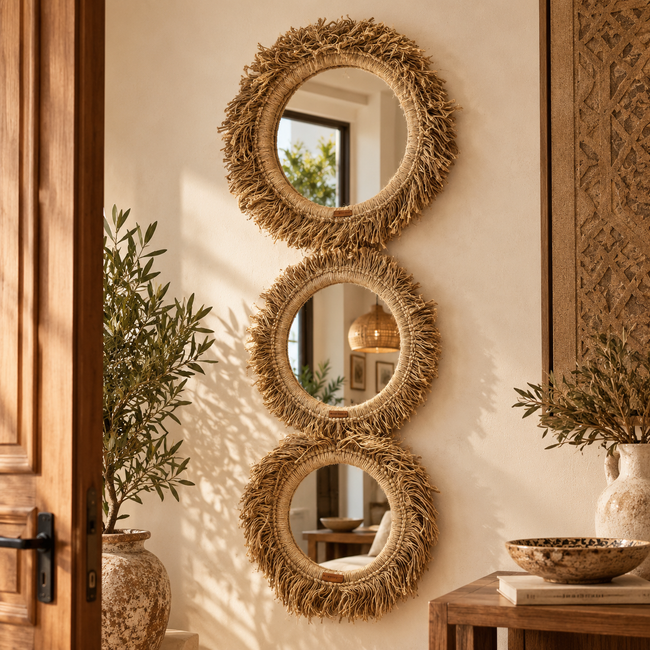 Set of three handmade fringe mirrors in elegant interior