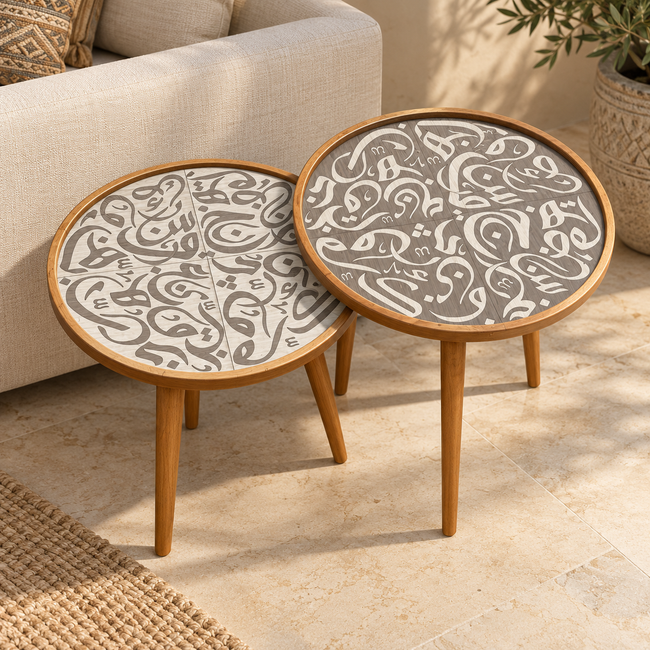 Huroof handcrafted corner table set of two in a warm living room setting