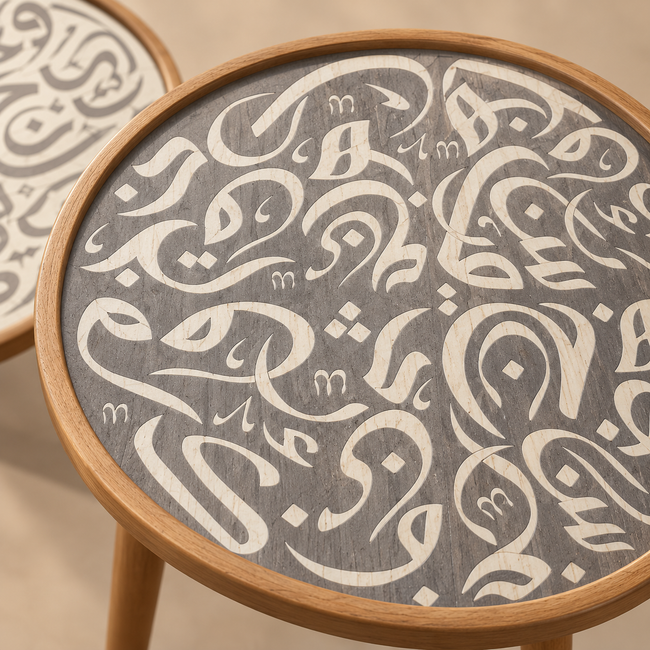 Close-up of Huroof tabletop showing ivory calligraphy veneer, gray wood grain and natural wooden rim