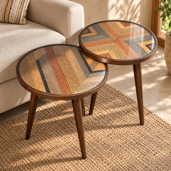 Karla handcrafted wooden corner table set with geometric veneer tops in a warm living room