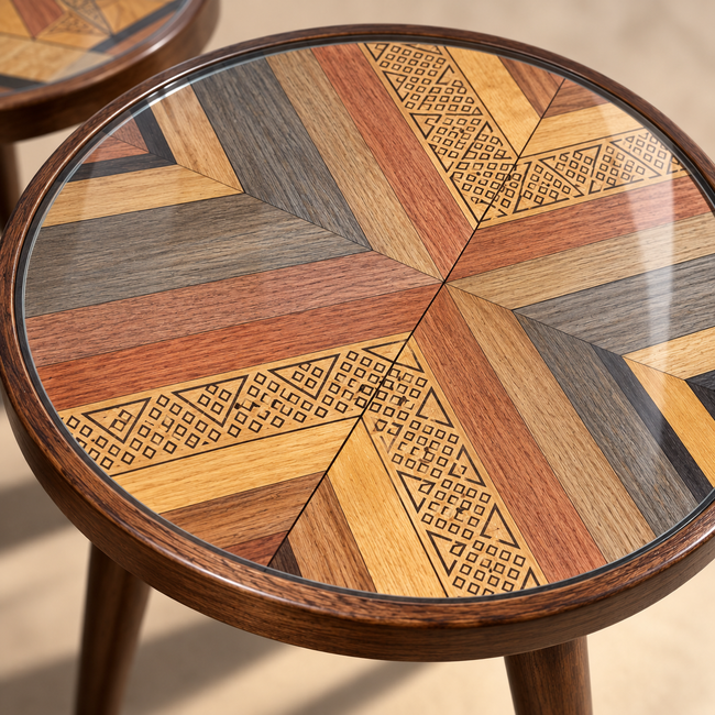 Close-up of Karla handcrafted geometric wood veneer tabletop beneath clear glass