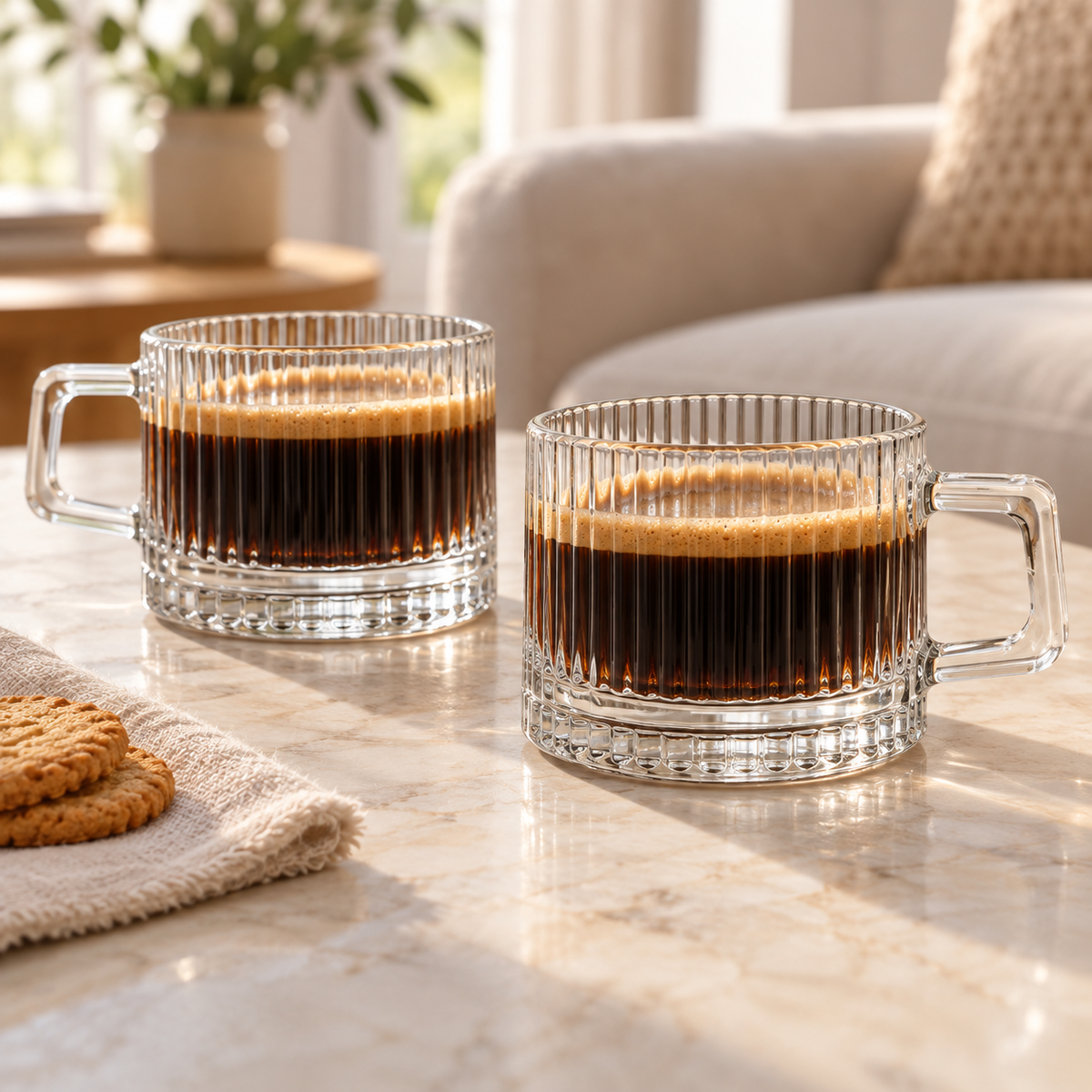 Two Lina ribbed clear glass coffee cups filled with coffee