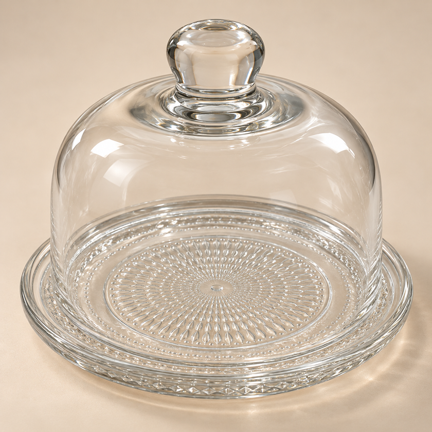 Close-up of the patterned glass plate and clear dome with glass knob