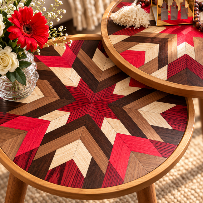 Prisma table geometric natural wood veneer close-up