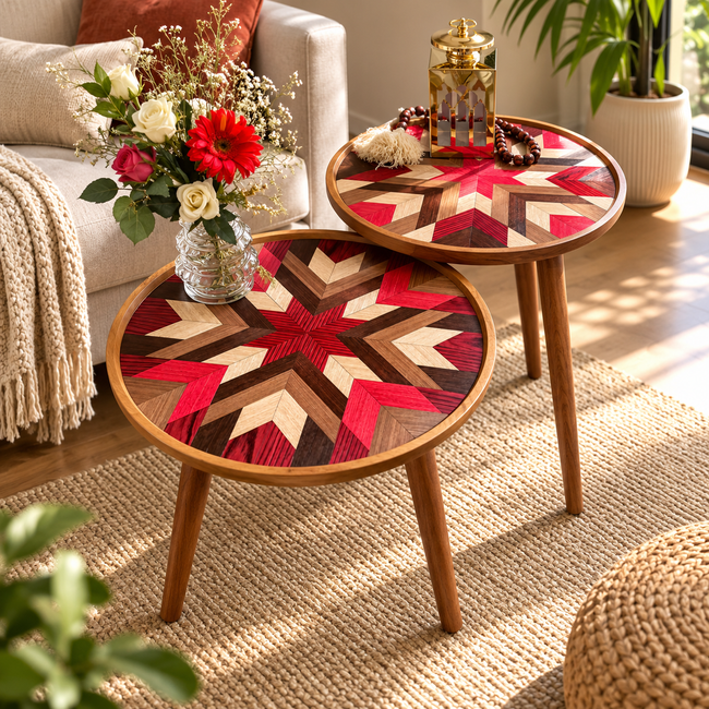 Prisma handcrafted wooden corner tables — lifestyle