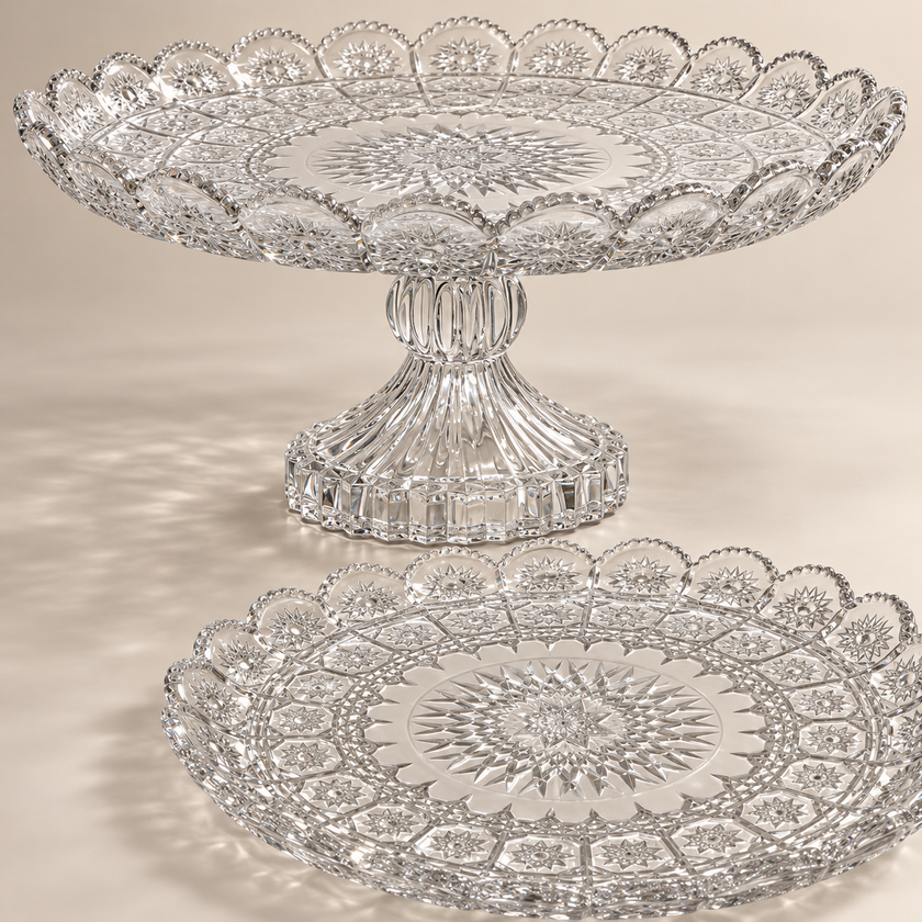 Close-up of Rosette glass floral pattern, scalloped rim and footed pedestal