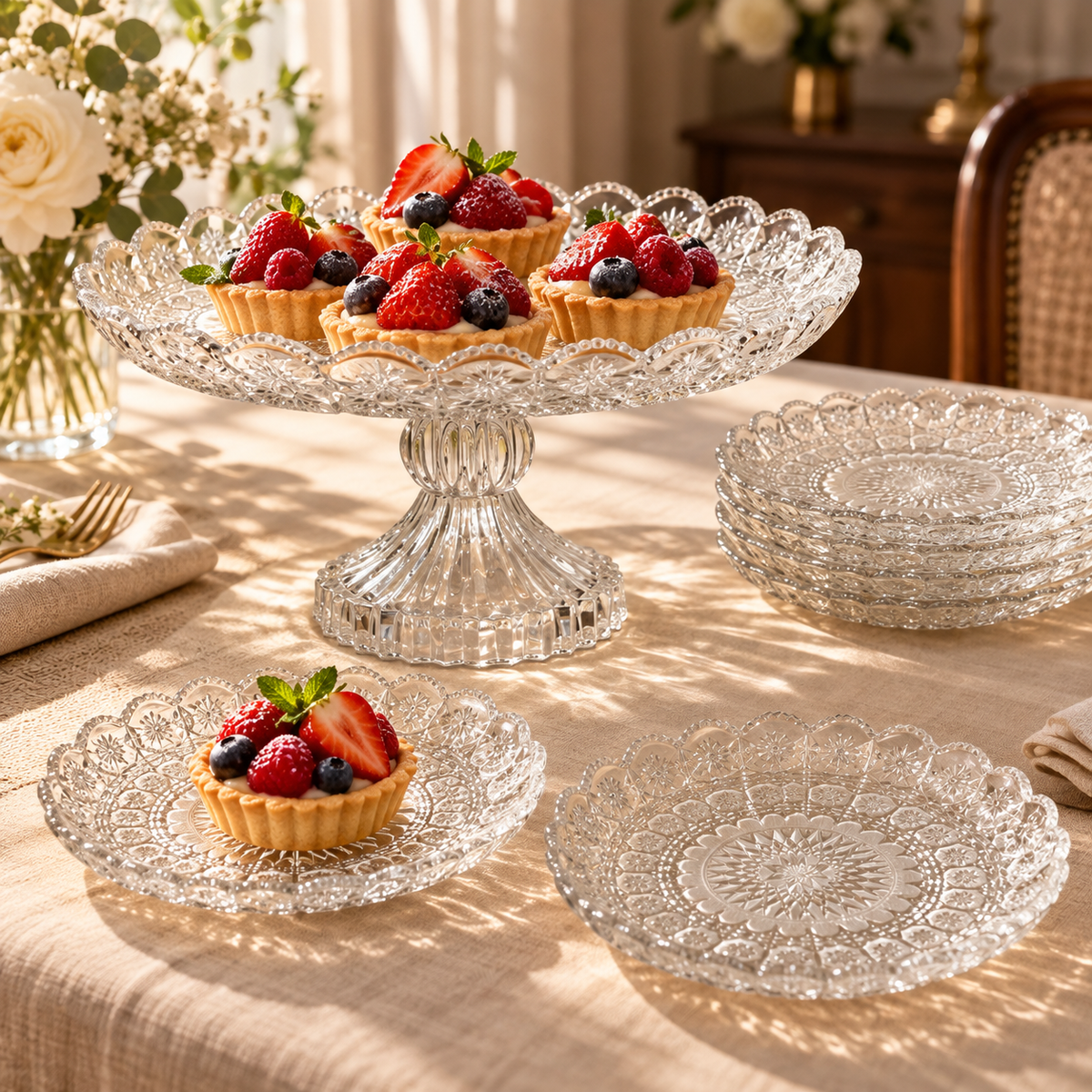 Rosette footed glass serving plate and matching dessert plates styled with berry tartlets