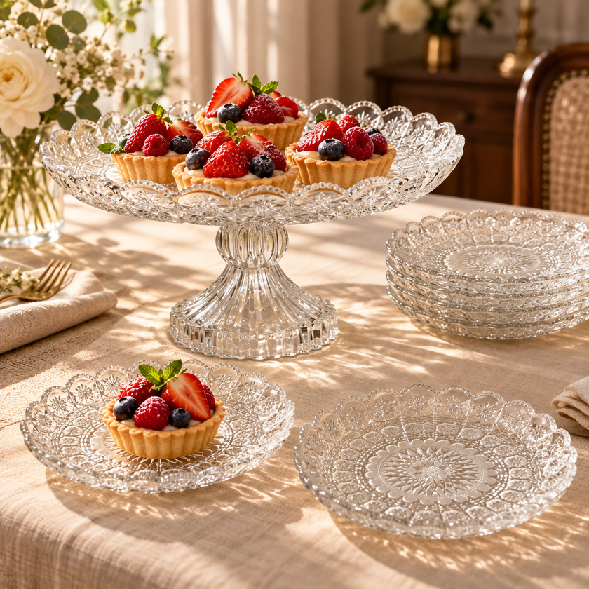 Rosette footed glass serving plate and matching dessert plates styled with berry tartlets
