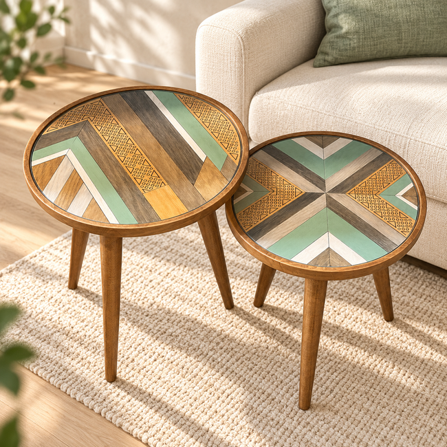 Sage Mosaic handcrafted wooden corner tables with green geometric veneer tops in a living room