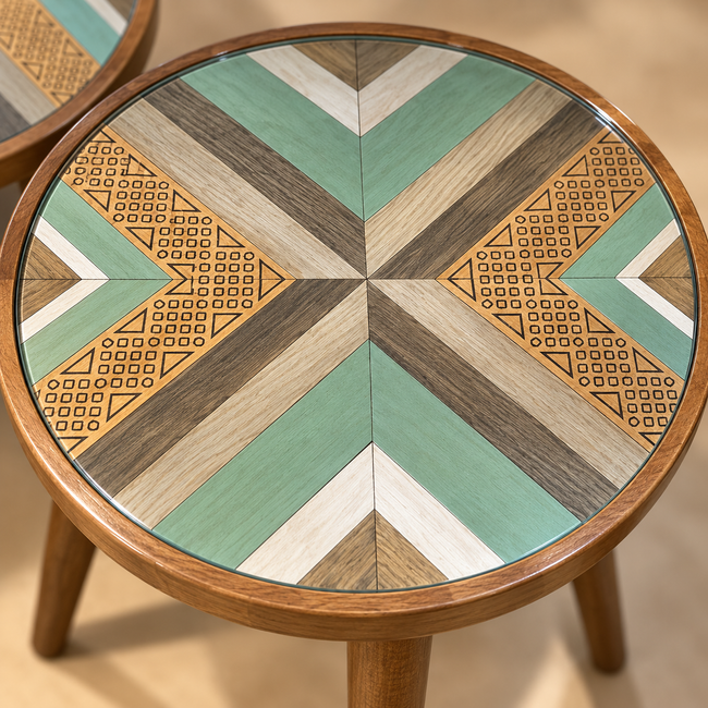 Close-up of Sage Mosaic tabletop showing geometric veneer, sage green accents, natural wood grain and clear glass