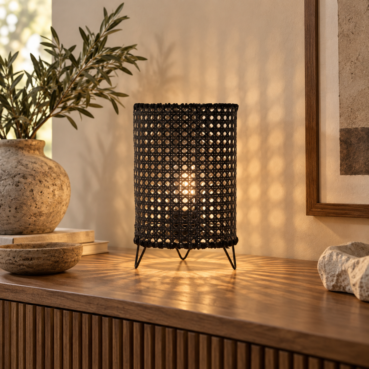 Rattan Boho Table Lamp 016 styled in an interior