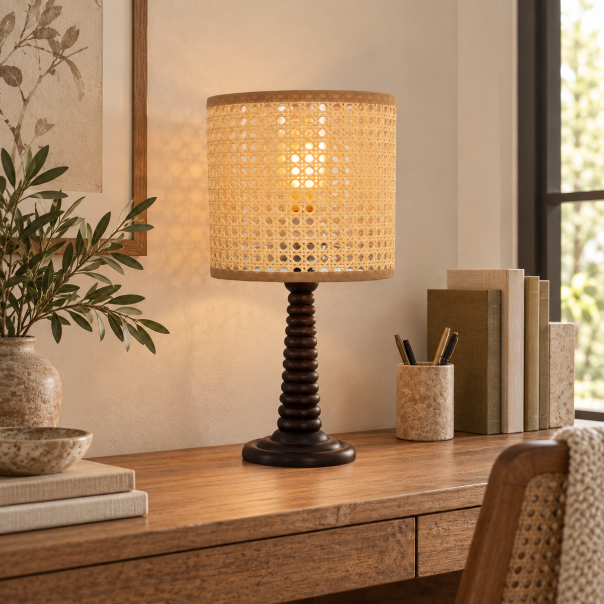 Rattan Boho Table Lamp 027 styled in an interior
