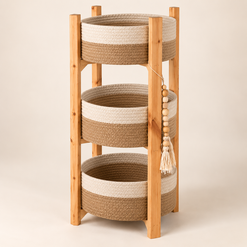 Three-tier woven basket stand on light beige studio background