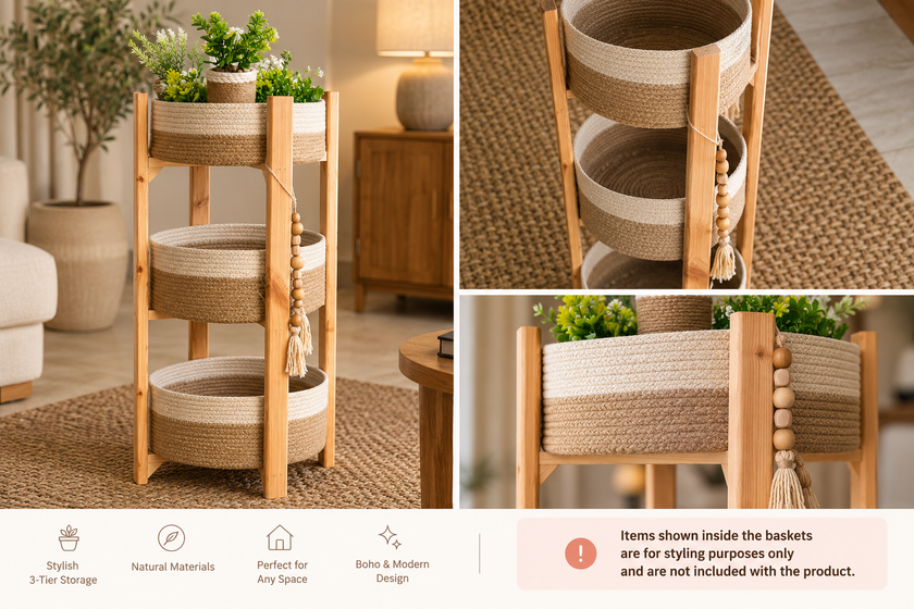 Three-tier woven basket stand lifestyle views