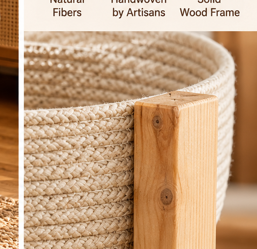 Close-up showing handmade woven natural fiber basket and natural wood frame