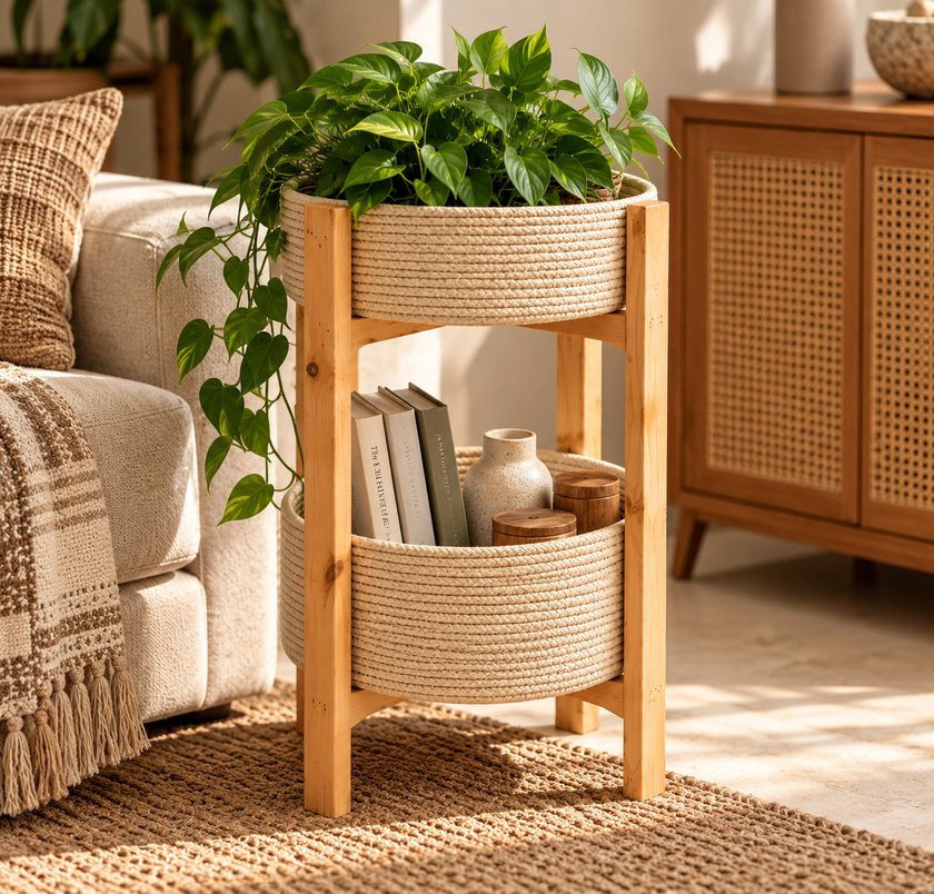 Two-tier woven basket stand styled in a warm natural living room