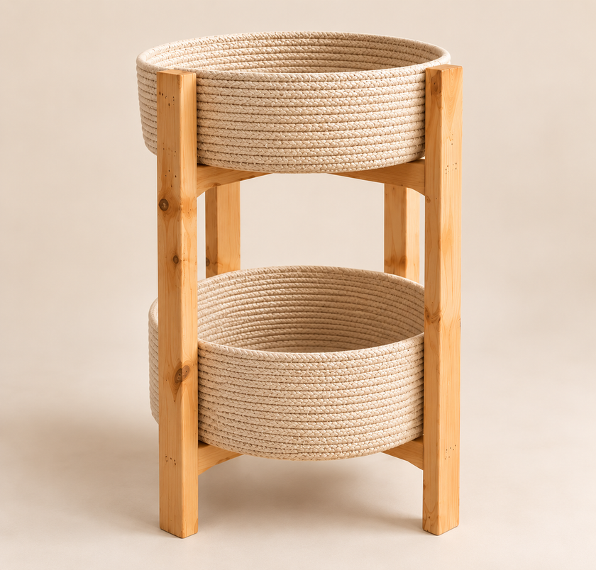 Two-tier handmade woven basket stand on light beige background