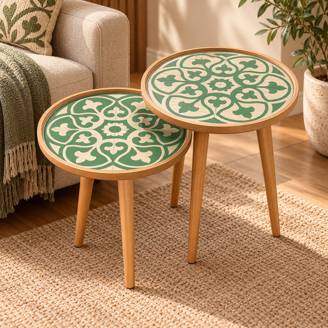 Verdant Arabesque handmade natural wood corner tables set of two styled in a warm living room