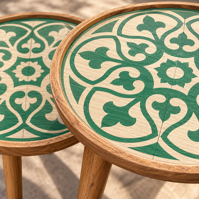 Close-up of handcrafted green arabesque wood veneer table top and natural wooden edge