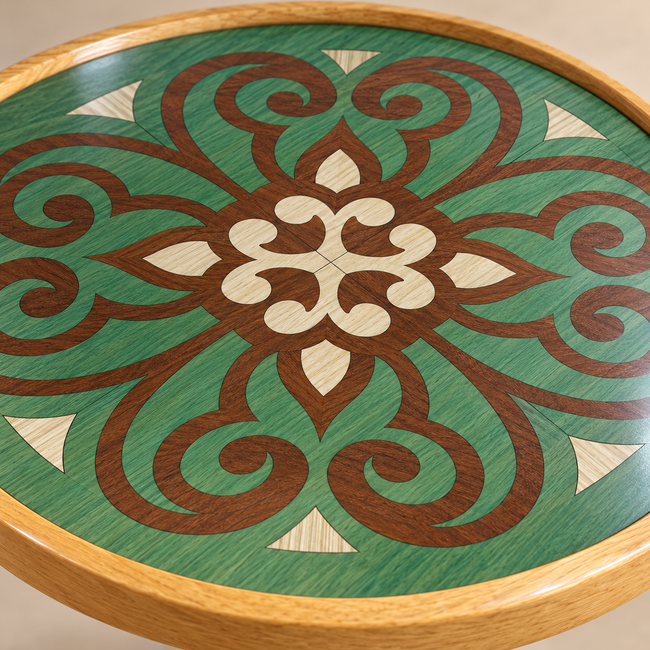 Close-up of Verdina green and brown floral wood veneer marquetry and natural wooden rim
