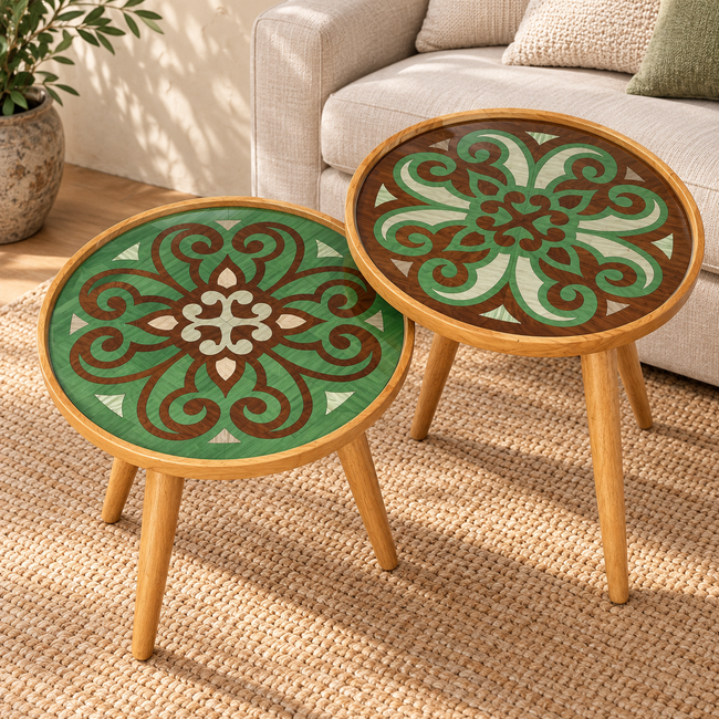 Verdina handcrafted wood and veneer corner table set of two in a neutral living room