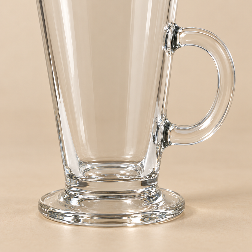 Close-up of Vista glass latte mug handle and footed base