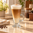 Vista 250 ml footed glass mug filled with latte in a warm coffee corner