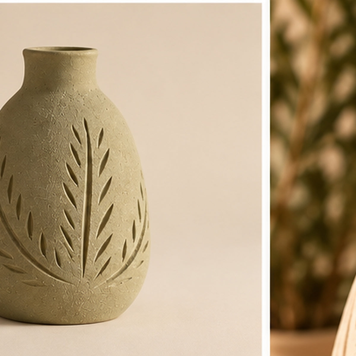 Olive botanical carved pottery vase alternate view