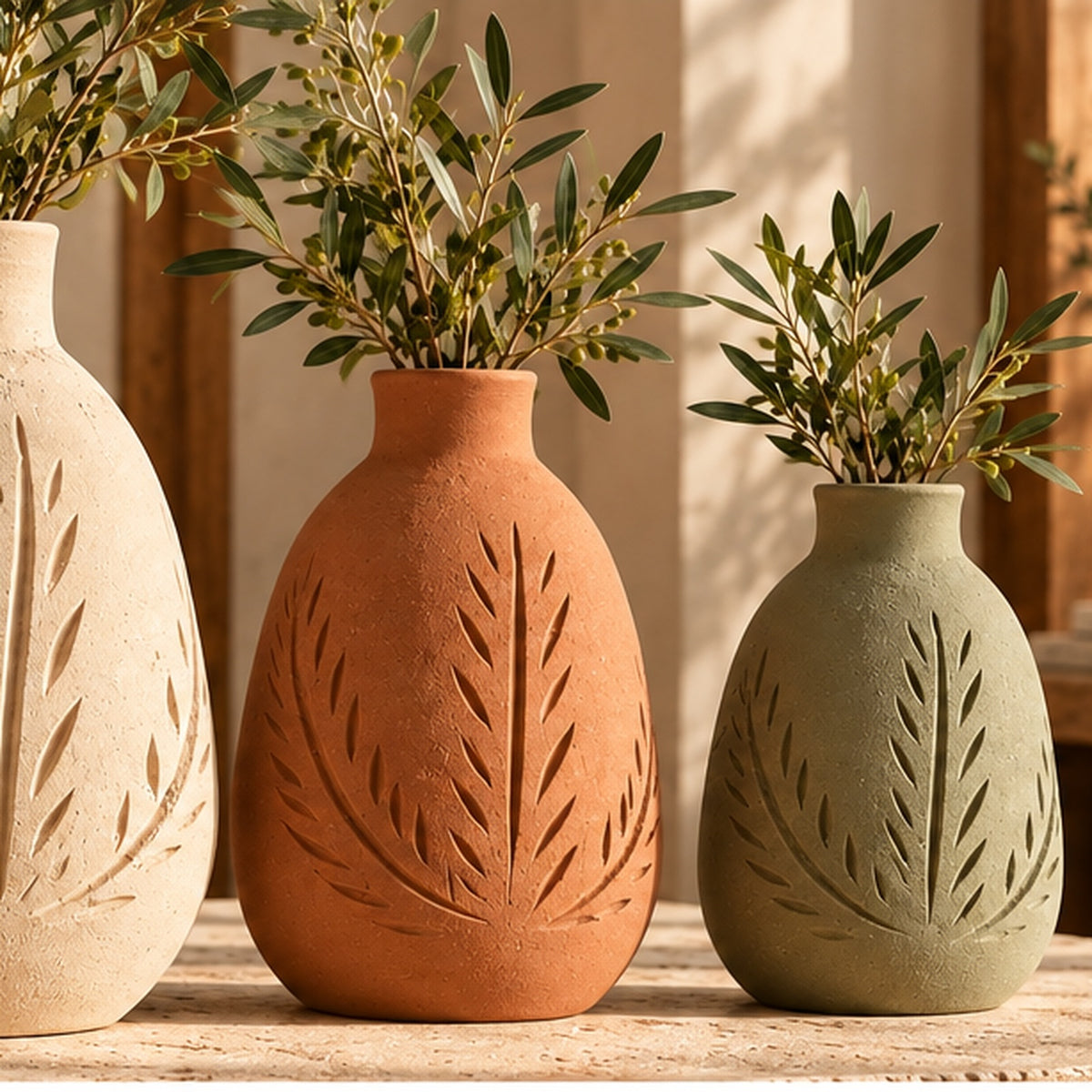 Botanical carved pottery vase set in warm lifestyle setting