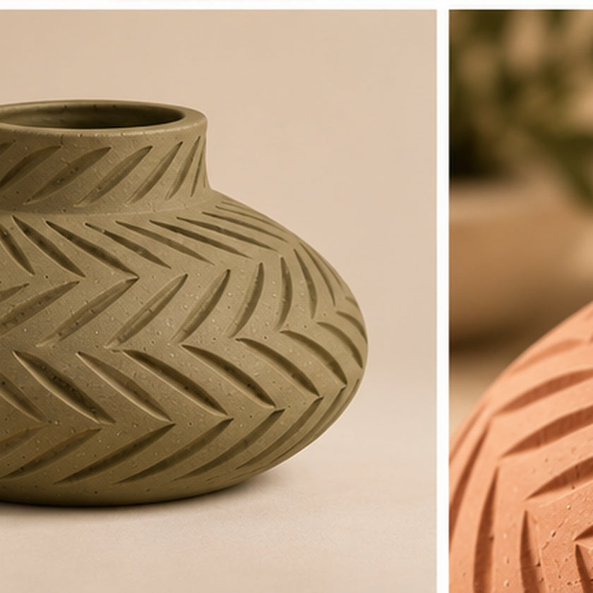 Carved olive pottery vase from a different angle