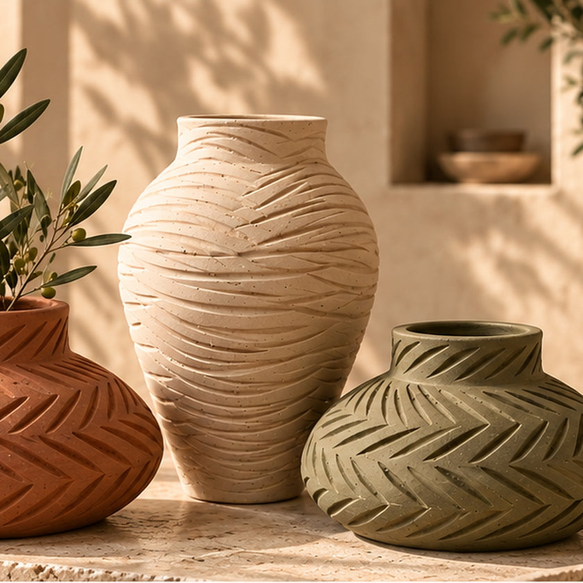 Carved pottery vase set in a warm lifestyle setting