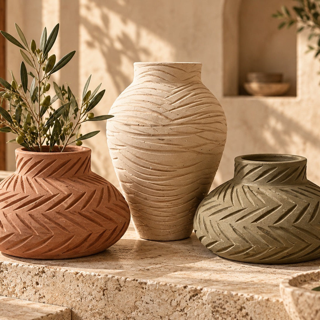 Carved pottery vase set in terracotta, cream and olive