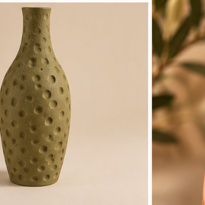 Olive dimpled pottery vase alternative view