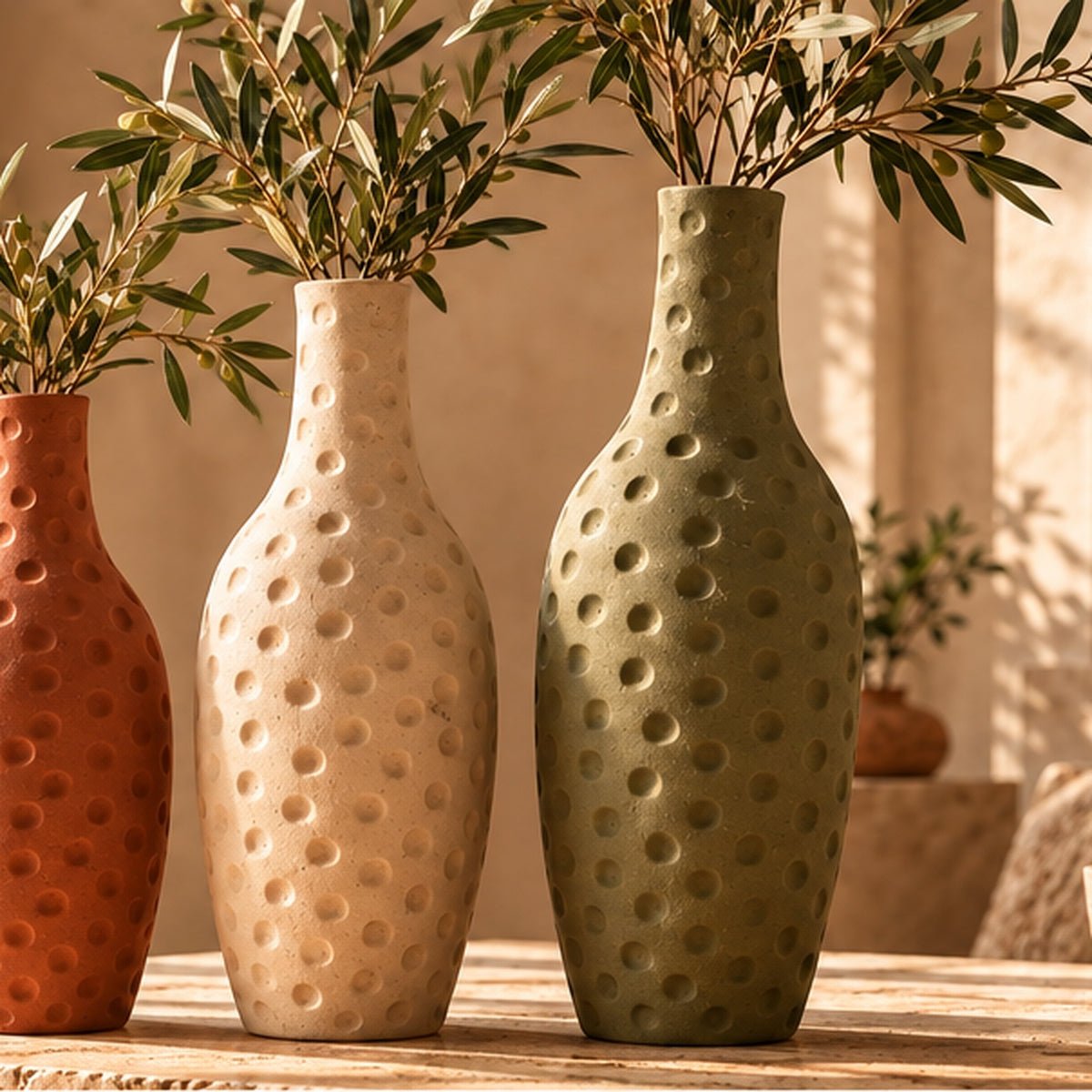 Dimpled pottery vase set in warm lifestyle setting