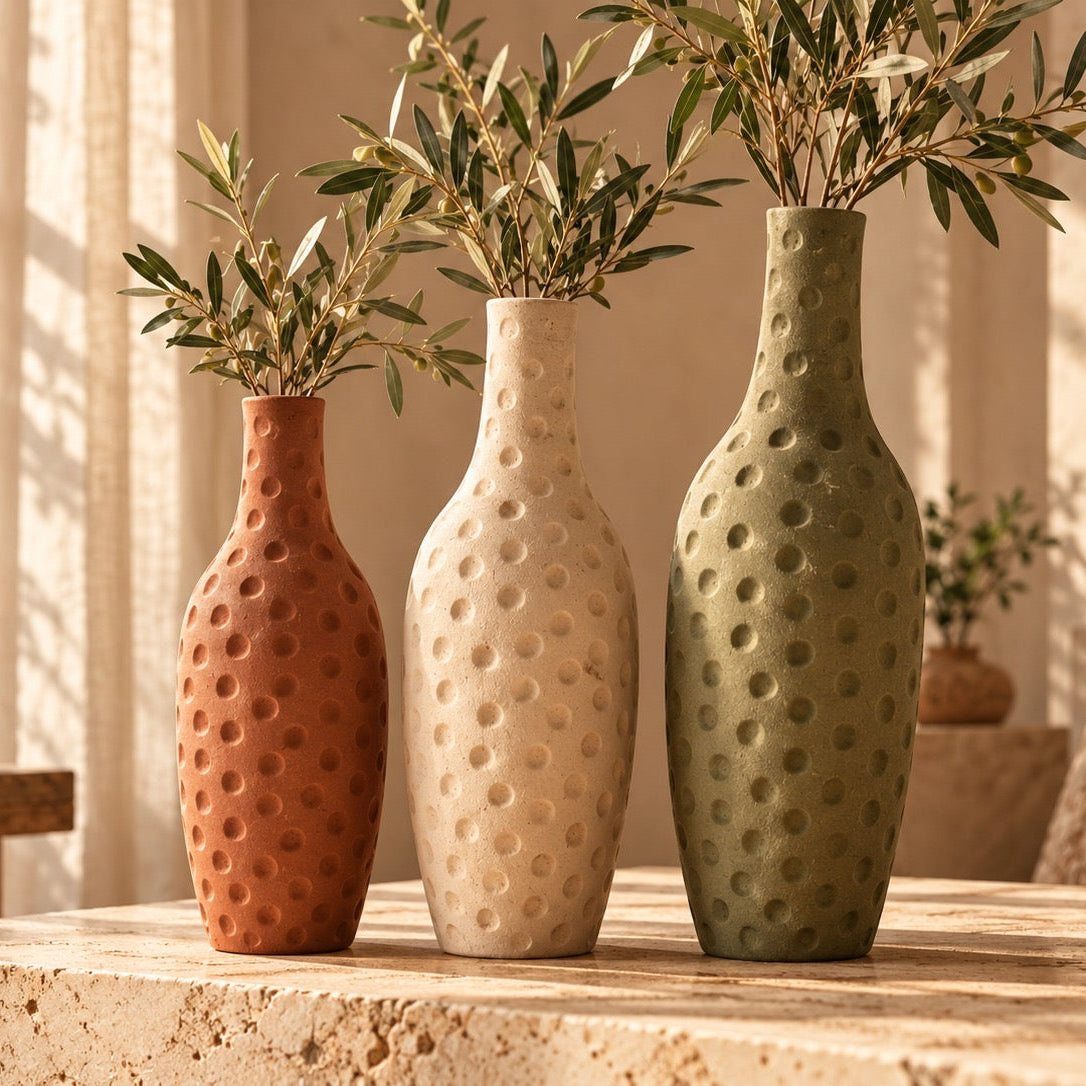 Dimpled pottery vase set in terracotta cream and olive