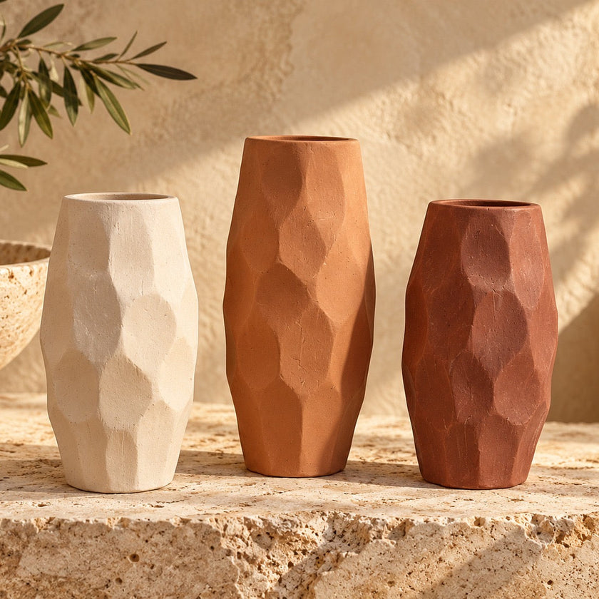 Faceted pottery vase set in ivory terracotta and brick