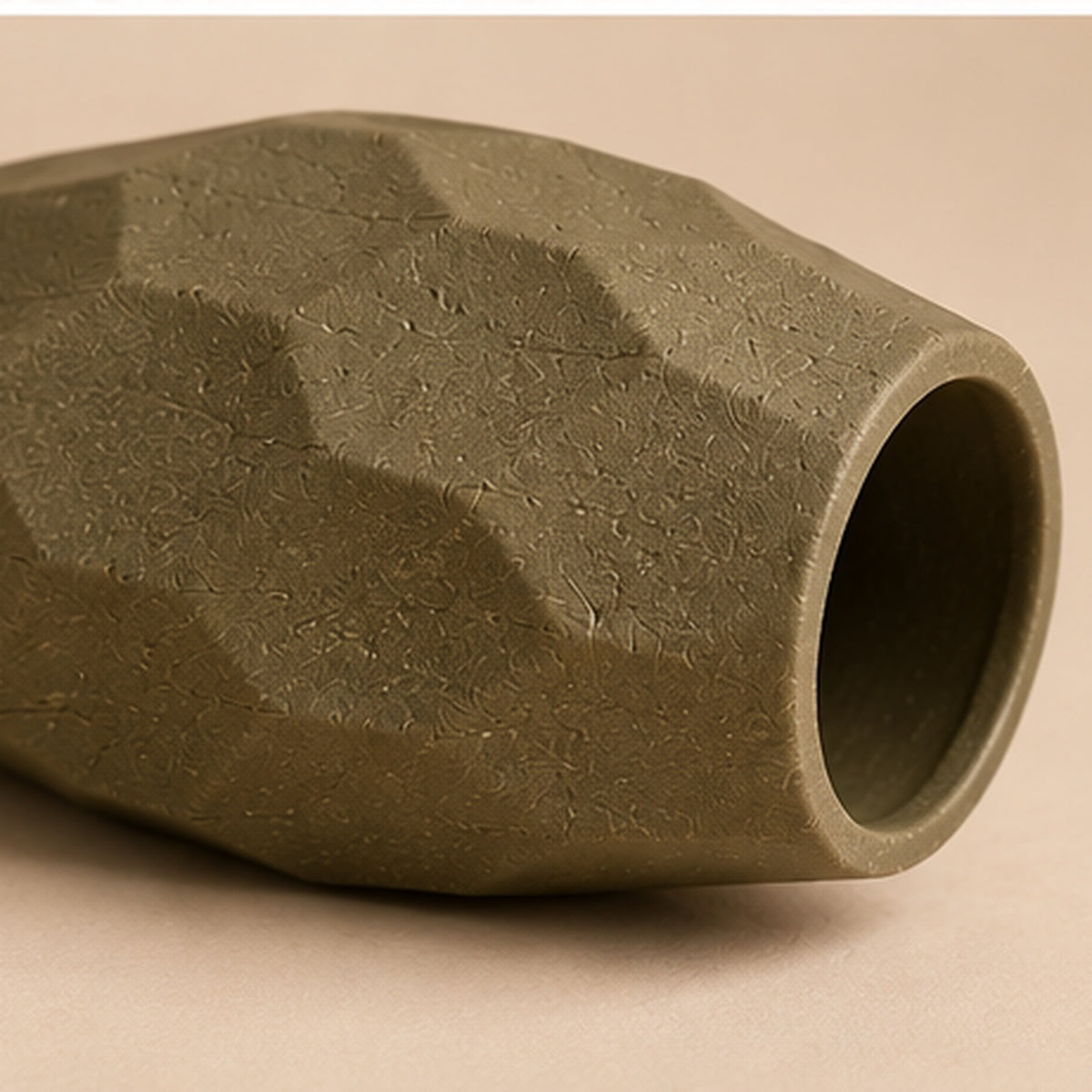Faceted olive pottery vase from a different angle