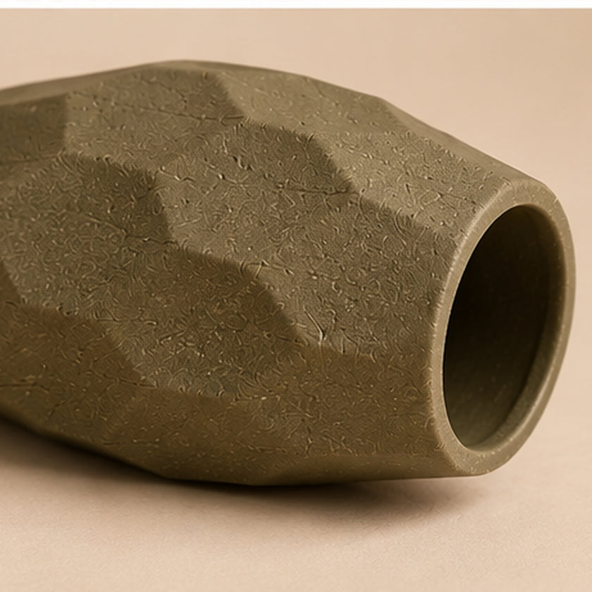 Faceted olive pottery vase from a different angle