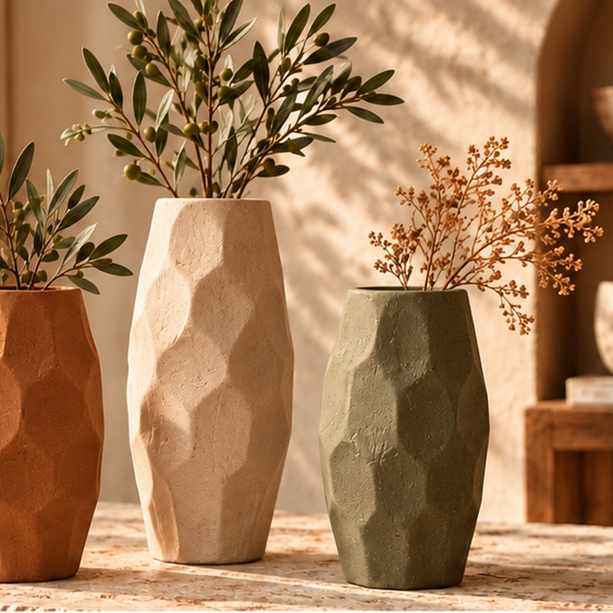 Faceted pottery vase set in a warm lifestyle setting