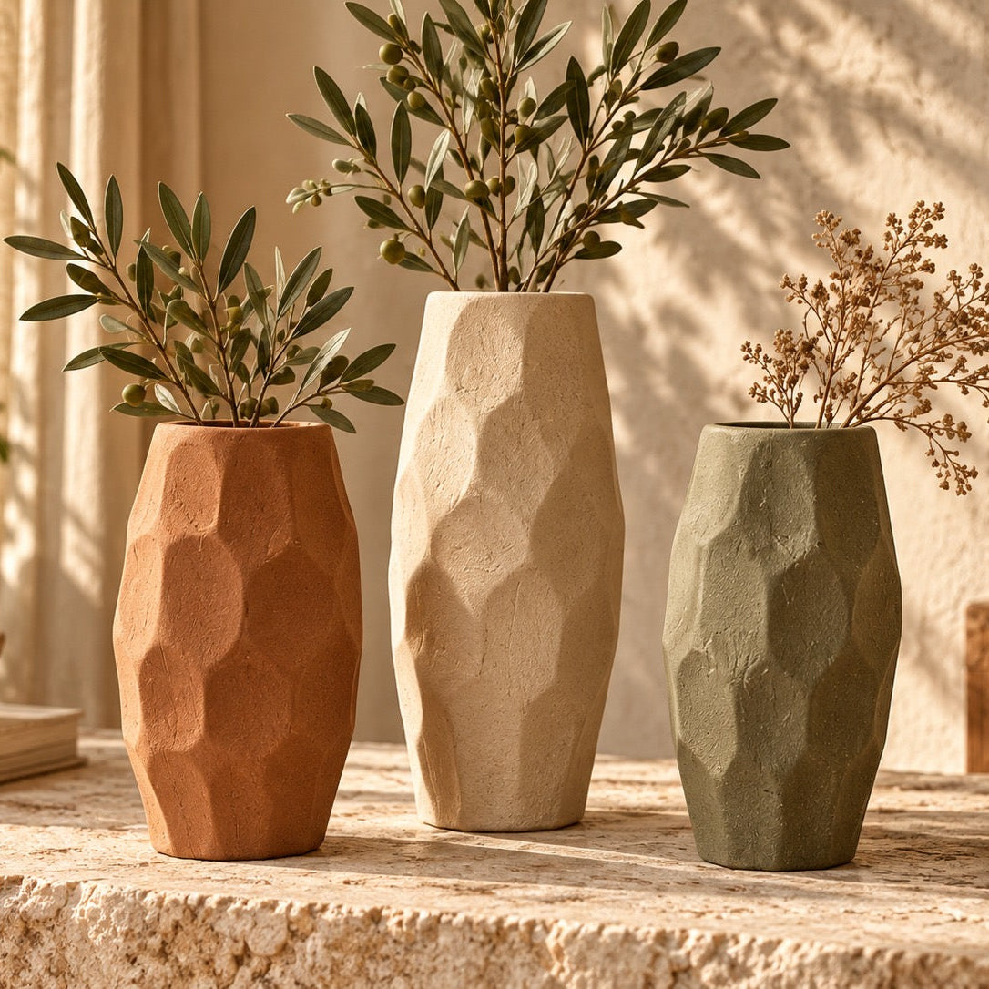 Faceted pottery vase set in terracotta, cream and olive
