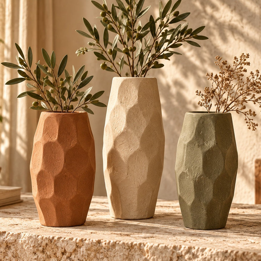 Faceted pottery vase set in terracotta, cream and olive