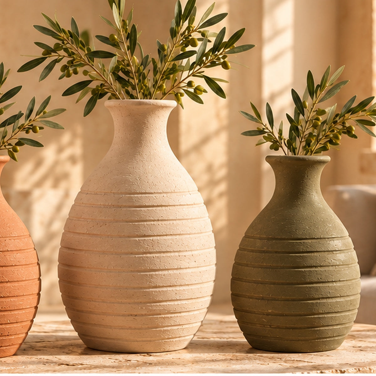 Ribbed pottery vase set lifestyle setting