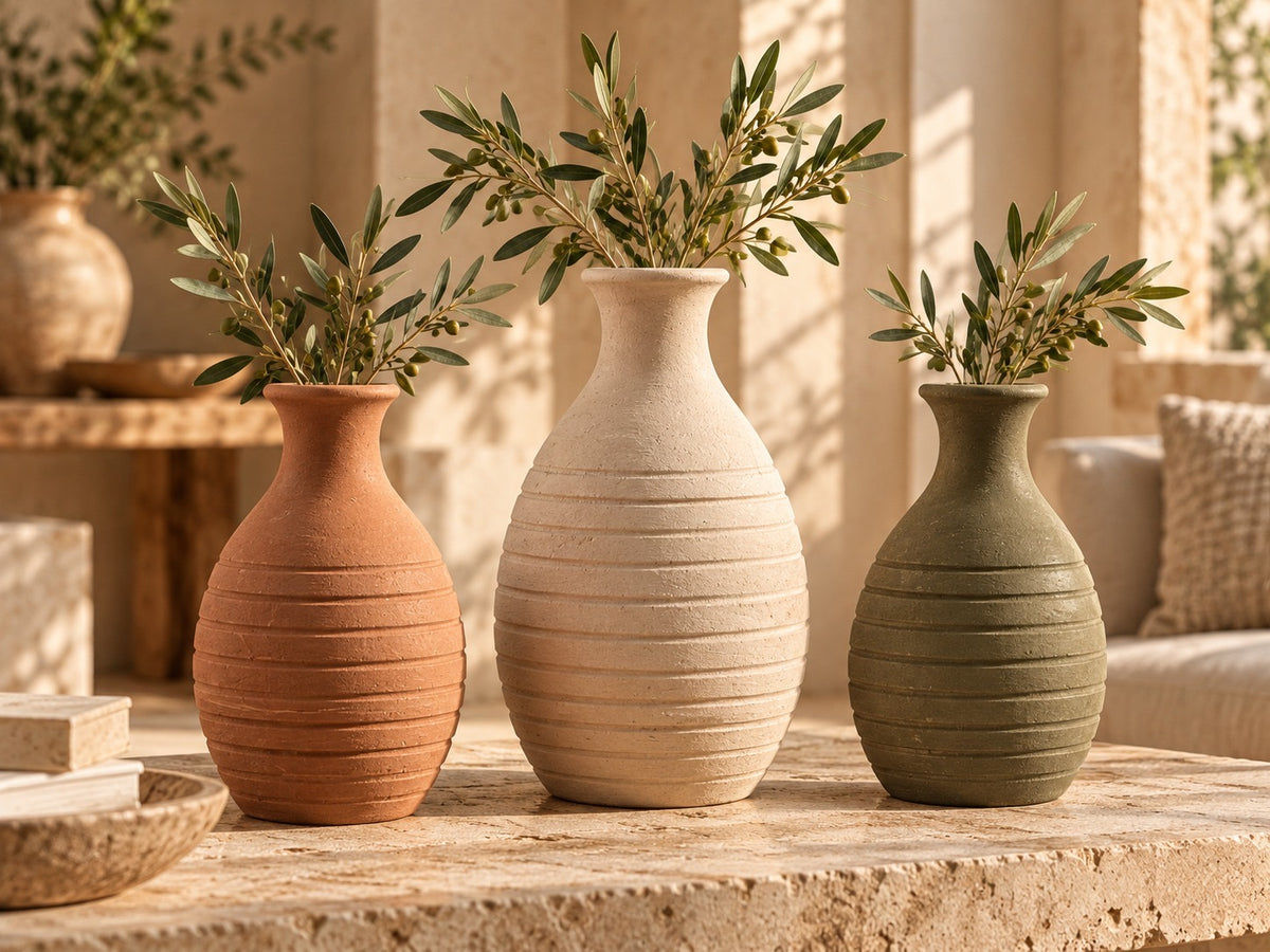 Ribbed pottery vase set in terracotta cream and olive